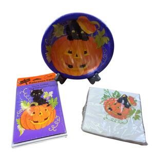 Vintage Carlton Cards Black Cat‎ Jack-O-Lantern Halloween Napkins Cards Plates